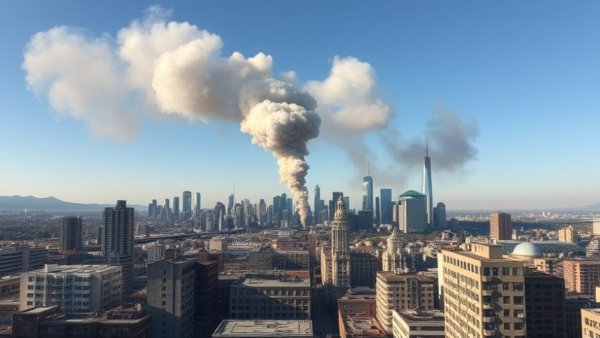 Breaking news: smoke rises over urban skyline, daytime event.