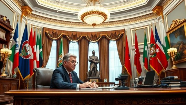 Politician and speaker discussing policy in an ornate office.