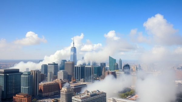 Breaking News: Smoke rising over city skyline in urban environment.