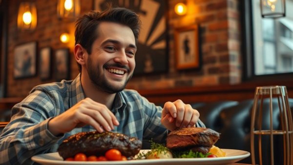 Smiling man dining in cozy restaurant, get paid to eat opportunity.
