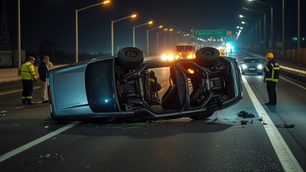 San Antonio rollover crash on highway at night with debris.