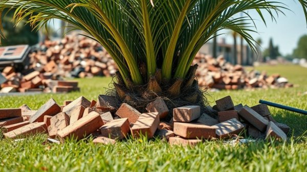 Impactful flood recovery site with debris and palm tree.