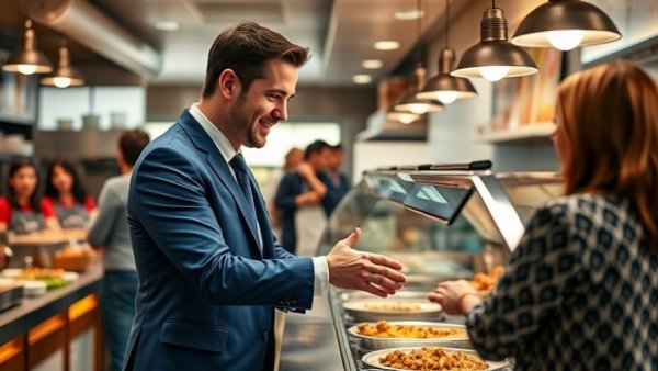 Austin news moment: Man in blue suit shaking hands at deli counter.