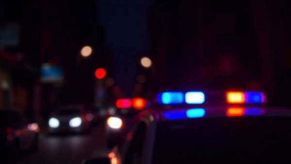 Blurred police lights glow vividly, suggesting a homicide investigation in northeast Austin.