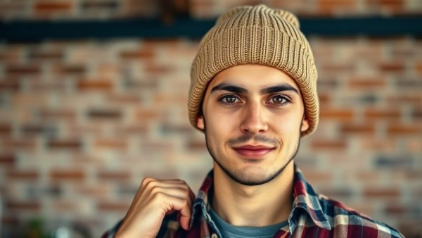 Casual young man in beanie by brick wall, soft lighting.