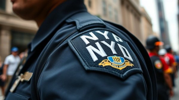 NYPD badge close-up during street parade, showcasing vibrant security measures.
