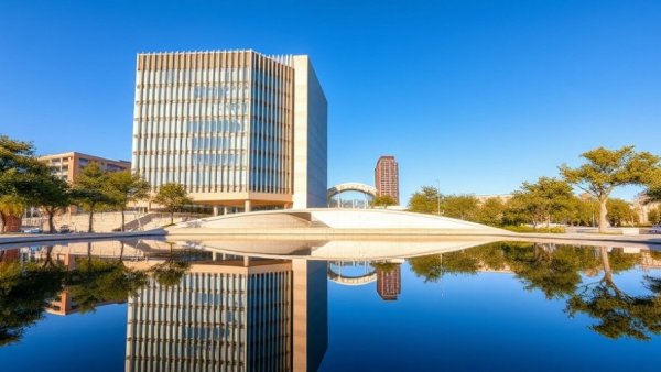 Dallas City Hall past intended purpose, modern architectural design reflecting on water.