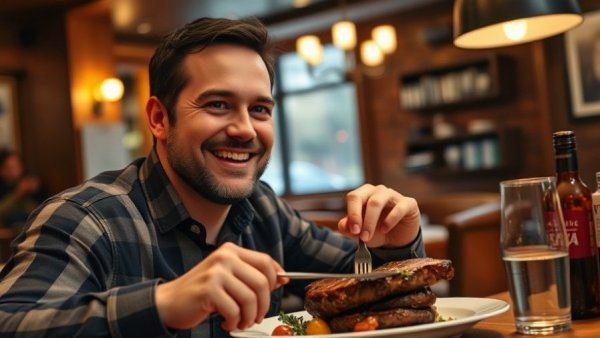 Man getting paid to eat steak in a cozy restaurant setting.