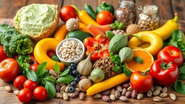 Assortment of healthy foods on a table, showcasing a dietary approach to naturally treating menopause symptoms.