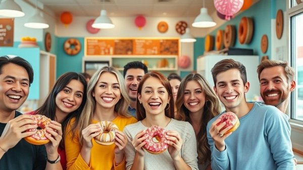 Best donuts in Houston enjoyed by happy customers in a lively shop.