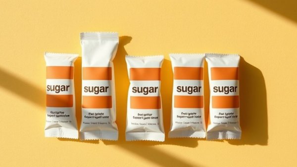 Sugar substitute packets on a yellow background.