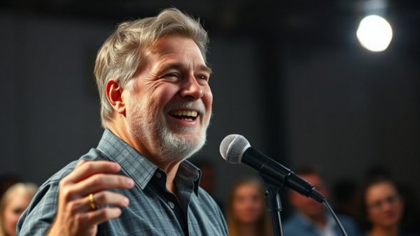 Cheerful middle-aged man speaking at a public event