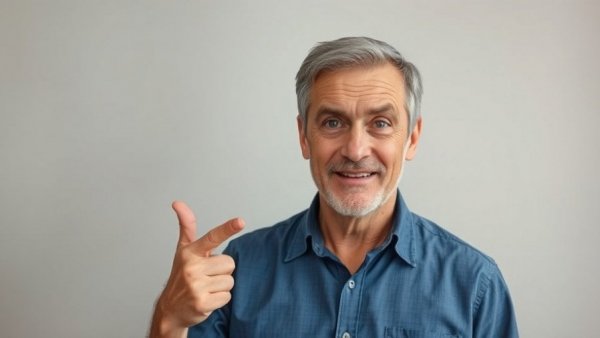 Middle-aged man points out age spots and clear skin contrast.
