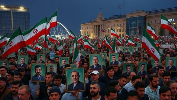Crowd with portraits and flags during Iran leadership transition.