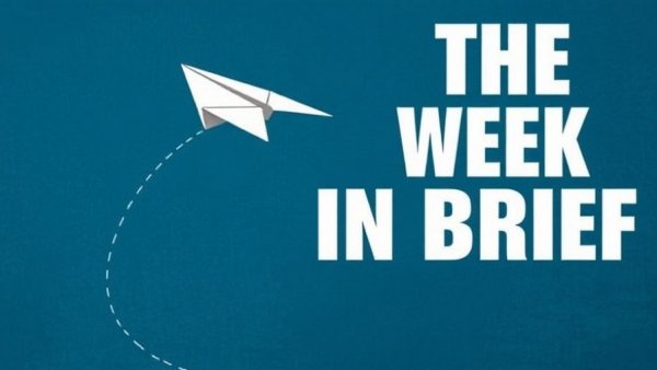 Illustration of a paper airplane with 'The Week in Brief' text on blue background.