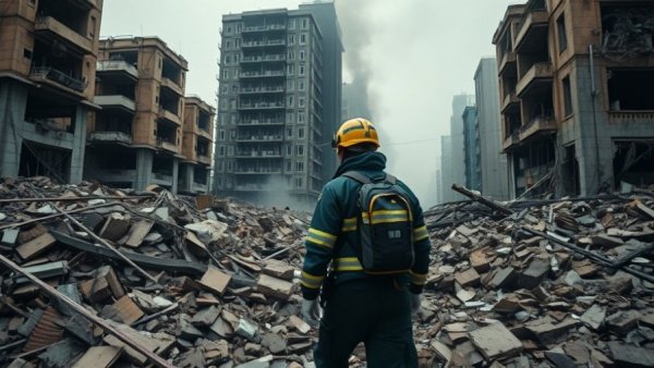 Breaking news scene with rescue efforts in damaged area.