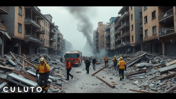 Emergency responders survey destruction in urban area post-missile attack.