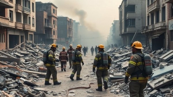 Firefighters assess destruction in urban area after missile attack, smoke rising.