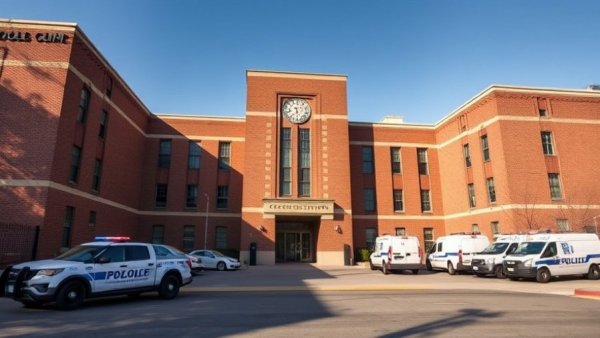 Bexar County jail with police cars in front under clear sky.