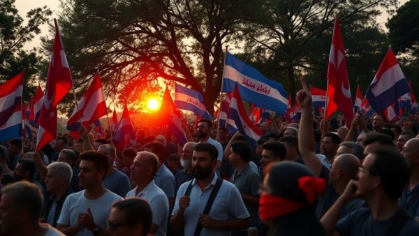 Austin news: lively protest with flags and crowd at sunset.