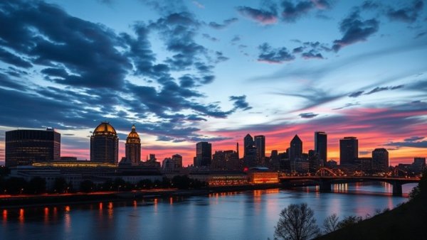 Cincinnati skyline at dusk with city lights reflecting on river.