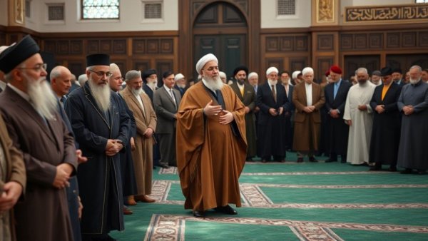Iranian clerics in prayer led by a religious leader, Iran Supreme Leader Succession.