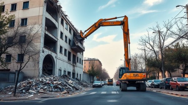 Houston breaking news: building demolition in progress with an excavator.