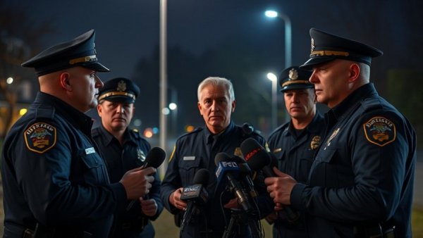 Houston news shooting: Police press briefing, nighttime scene, serious discussion.