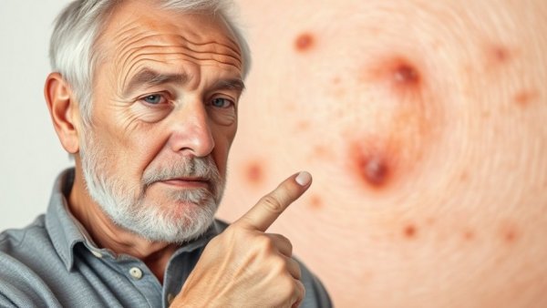 Older man focusing on skin with age spots, mental wellness for seniors.