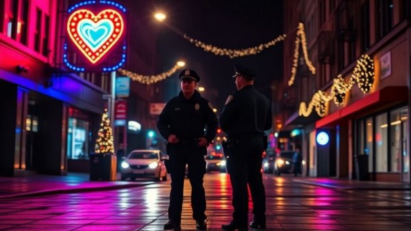 Police officers at Austin mass shooting scene on lit city street at night.