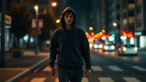 Blurry night scene of a person in a hoodie and shorts, urban setting, US news articles.