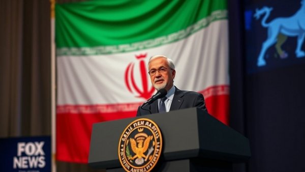 Trump news coverage with speaker at podium and Iranian flag.
