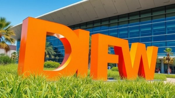 DFW Airport sign with greenery, highlighting dining options.