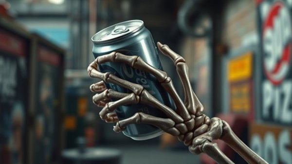 Skeletal hand holding a soda can, highlighting health issues.