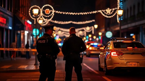 Police investigating Austin mass shooting scene at night with potential ties to terrorism, vibrant city lights.
