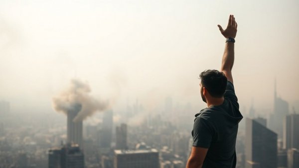 Smoke rising over city amid US Iran conflict news, man raising arm