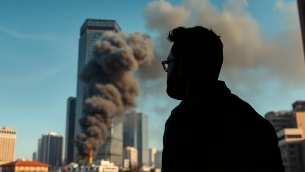 Silhouette observes smoke over city, conflict scene in Iran.