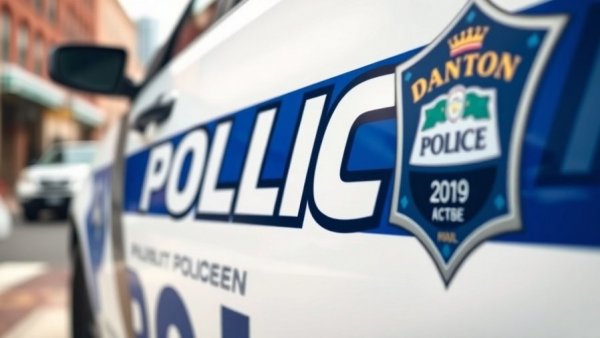 Dayton Police car door in focus, highlighting logo