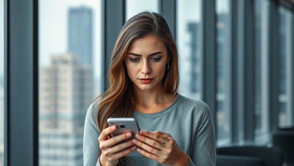 Concerned woman holding phone displaying no service signal.