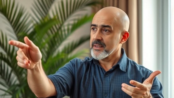 Middle-aged man discussing mental wellness for seniors indoors.