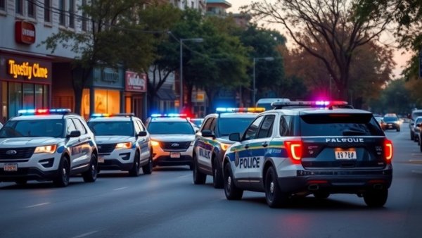 San Antonio news crime scene with police vehicles on urban street.