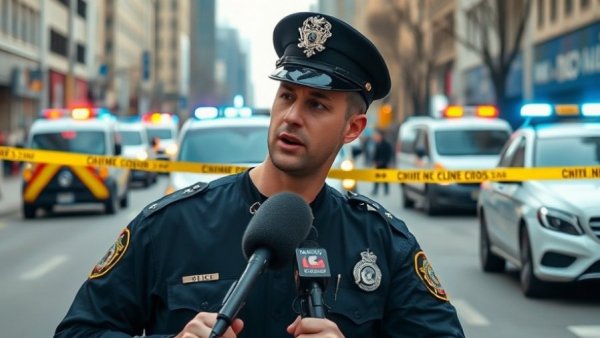 Police officer discusses Austin crime scene, police cars in background.