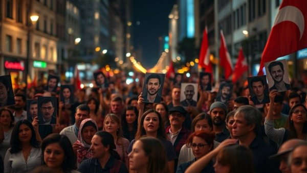 Demonstration in Iran with portraits and flags at night.