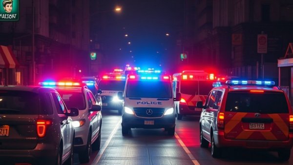 Emergency vehicle scene during Austin shooting response, night with flashing lights.