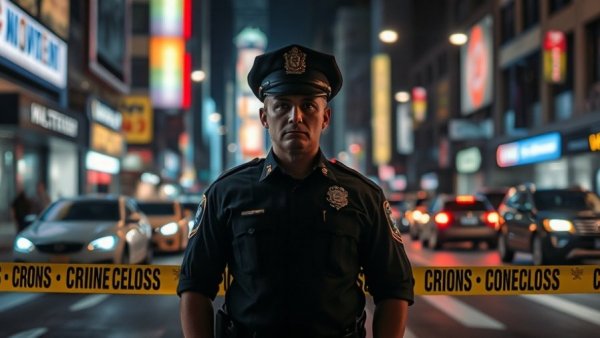 Police officer amidst crime scene tape in city at night, Texas immigration pause context.