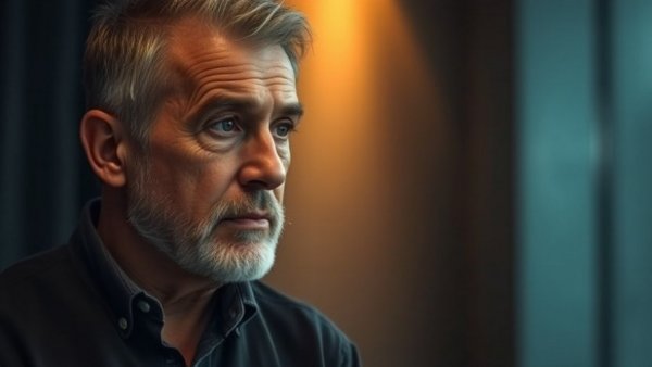 Middle-aged man discussing mental wellness for seniors, cinematic photo.