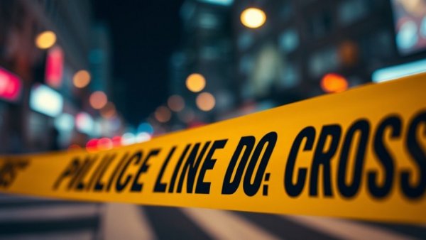 Police line do not cross tape at Austin mass shooting scene, blurred lights.