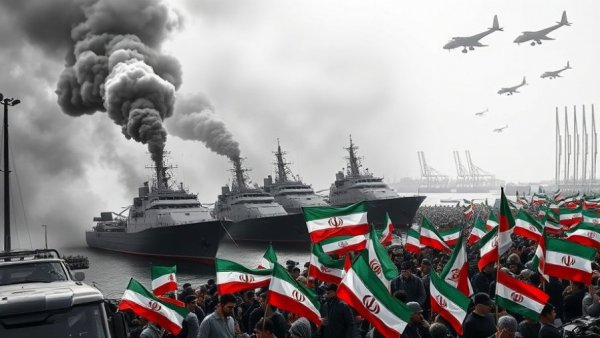 Composite image of Iran's military scenes with ships and flags.