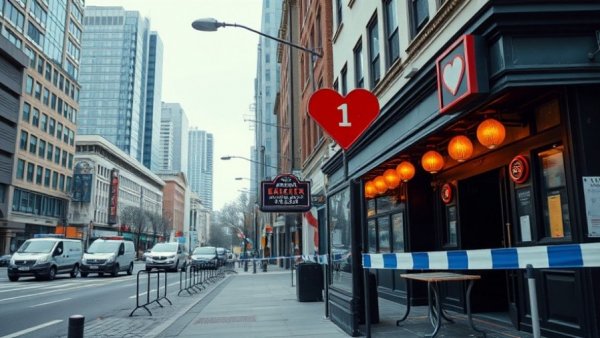 Quiet Austin street scene with barriers and heart-shaped sign.