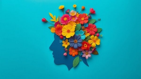 Abstract brain and flowers in human profile, ADHD diagnoses in women over 40.